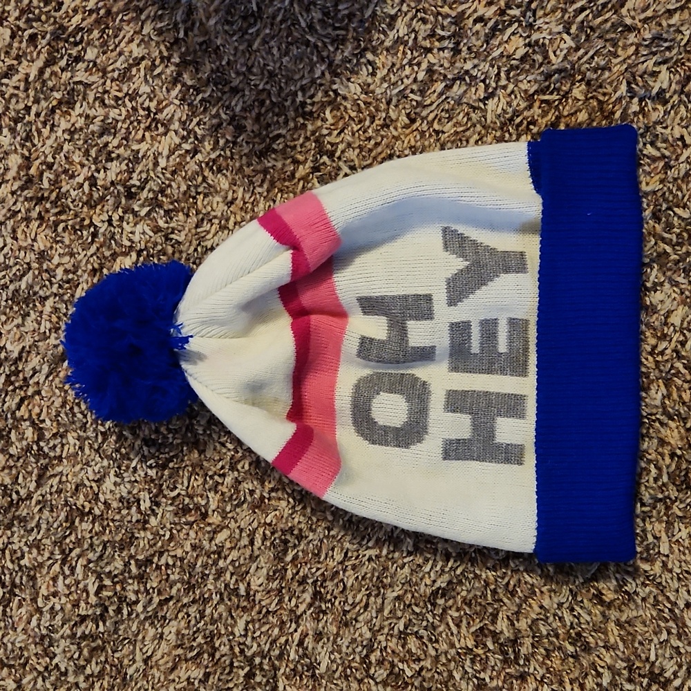 White "Oh Hey" Knit Pom Beanie with Blue Trim and Pink Stripe